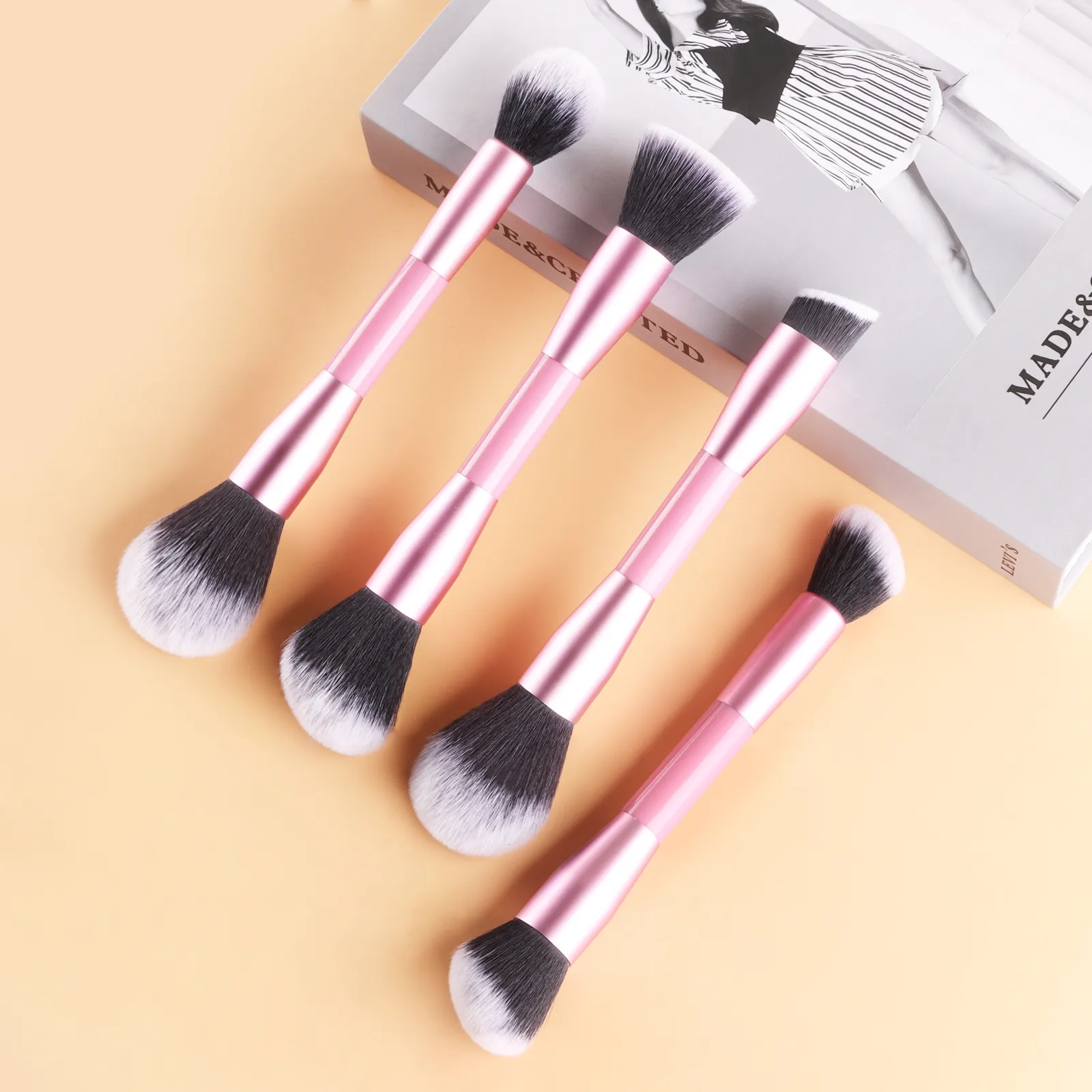 4Pcs Pink Double-Ended Makeup Brushes Set Easy Grip Plastic Handle Eyeshadow & Loose Powder Brushes — image 2