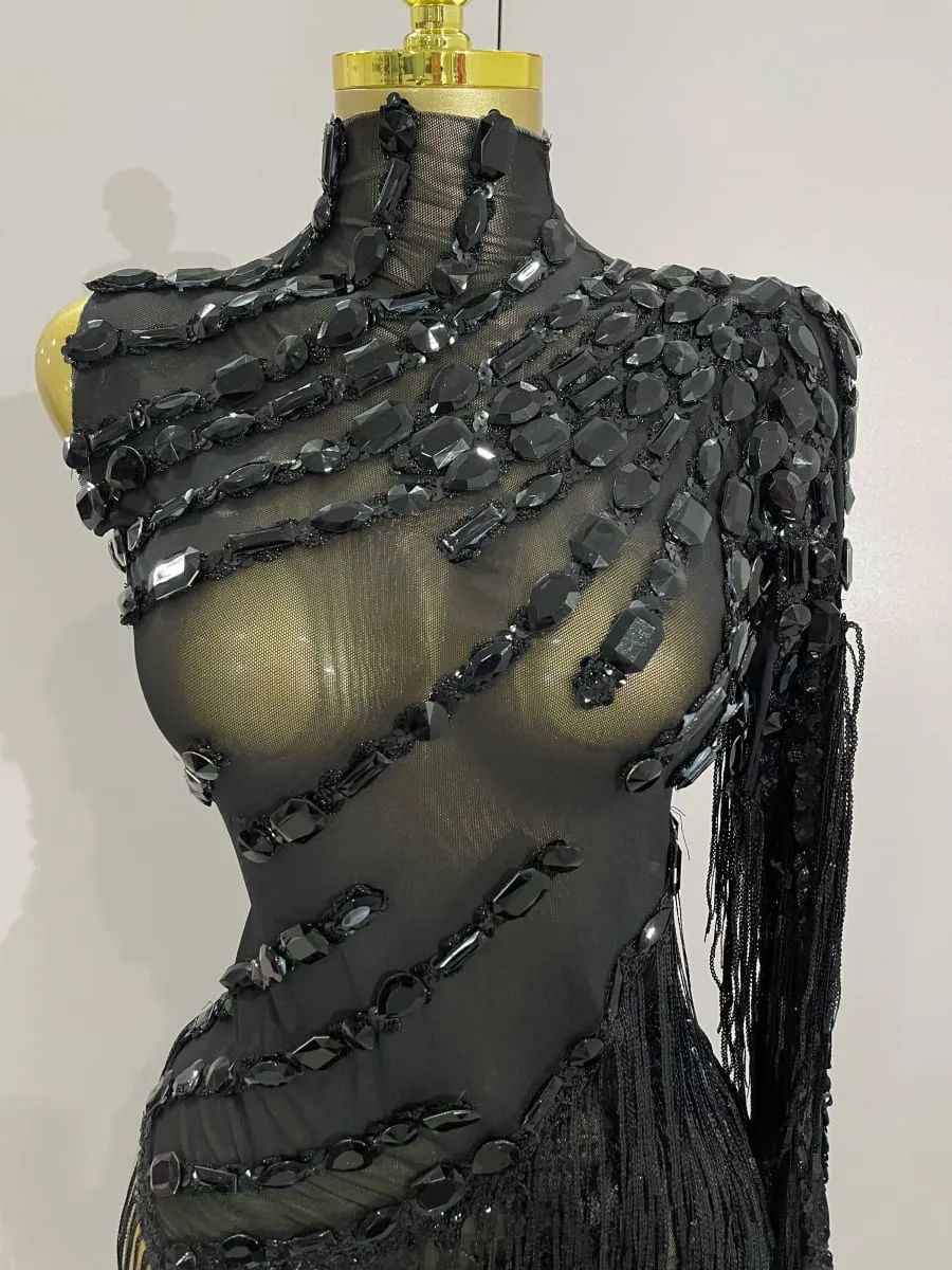 Novo brilhante strass borla sexy transparente vestido feminino um ombro roupas de dança latina bares boate festa palco traje — image 5