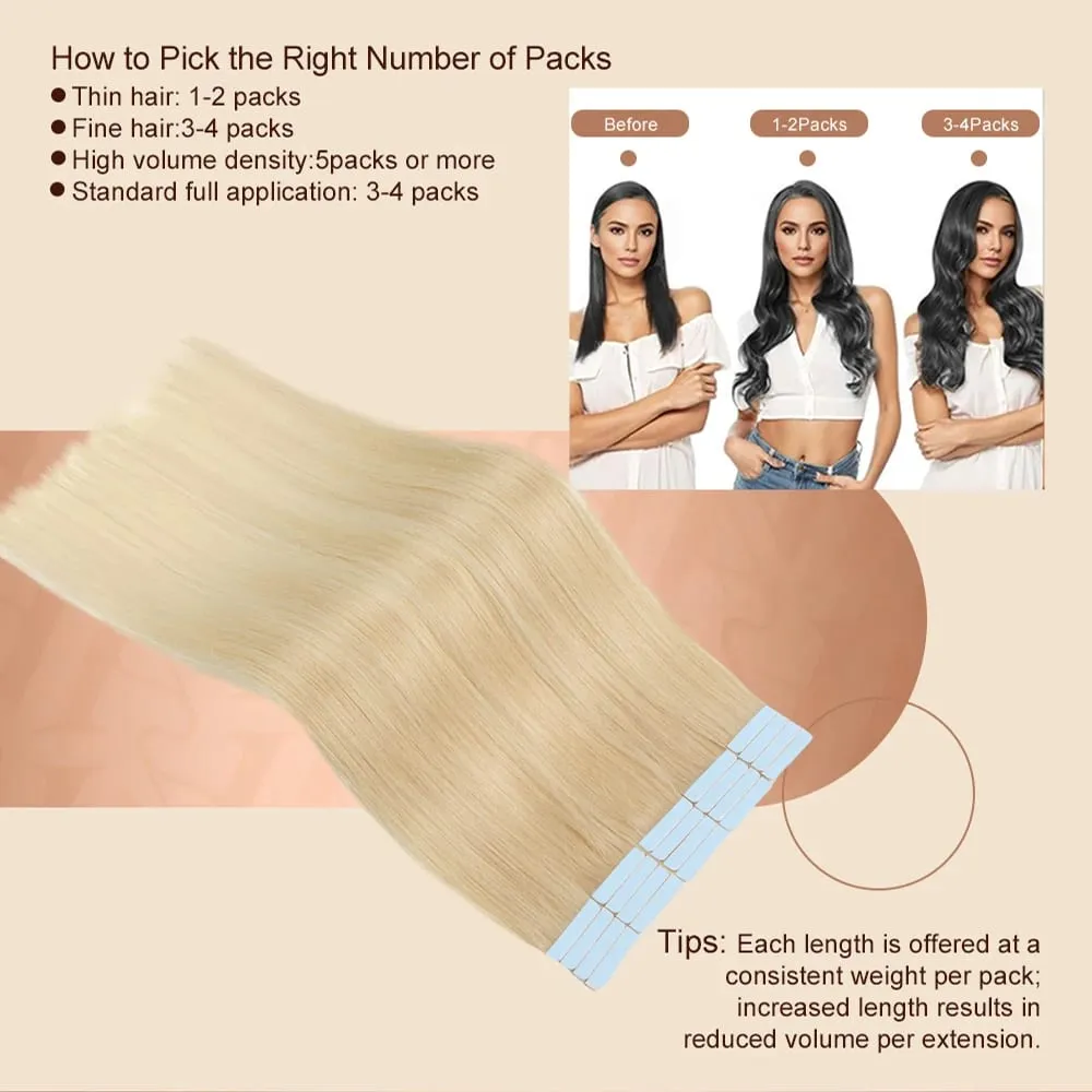 Bande Blonde dans les Extensions de cheveux cheveux humains platine #60 bande de trame de peau droite sans couture dans de vraies Extensions de cheveux humains 50G