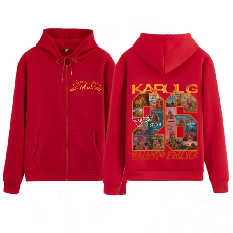 Karol G Viajando Por El Mundo Tropitour 2026 Print Zipper Hoodie Men Women Fashion Sweatshirts Casual Vintage Zip Up Jacket Coat — image 5