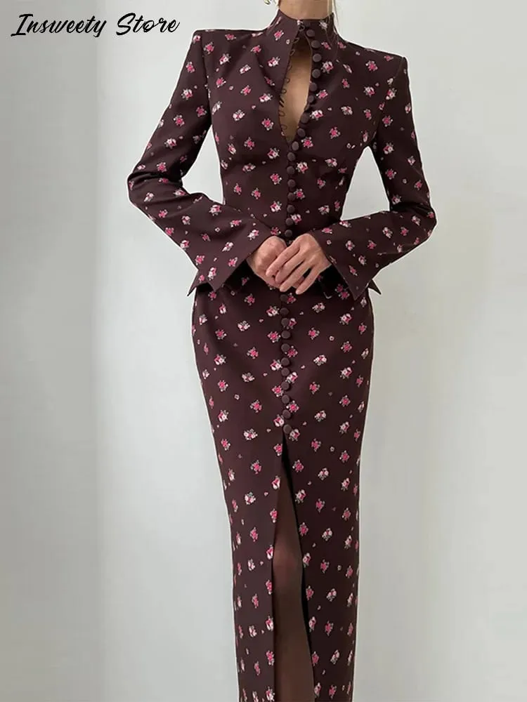 Elegant Printed Split Maxi Dresses Women's Slim With Shoulder Pad Single Breasted Full Sleeves Dress 2026 Summer New Lady Robes — image 3