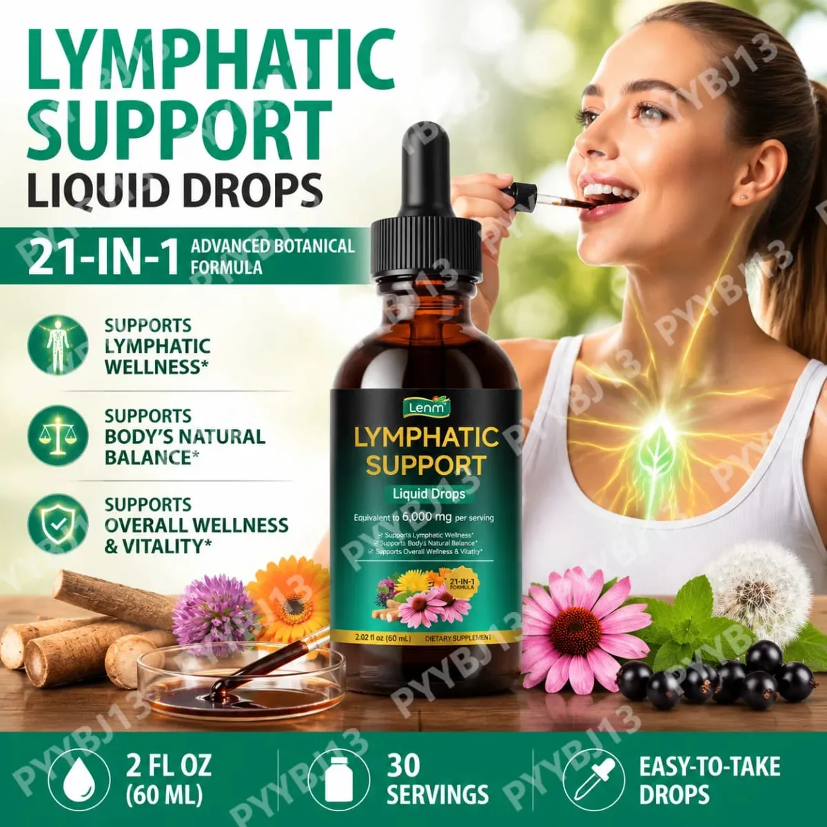 Lenm 60ml sistema linfático limpa suplementos líquidos de suporte imunológico gotas de ervas linfáticas orgânicas naturais para suporte de equilíbrio — image 2