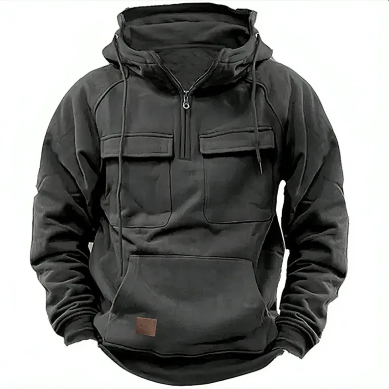 Novo outono-inverno masculino com capuz de cor sólida casual hoodie-moda jovem homem multi-bolso remendo moletom com capuz pulôver camisa — image 5