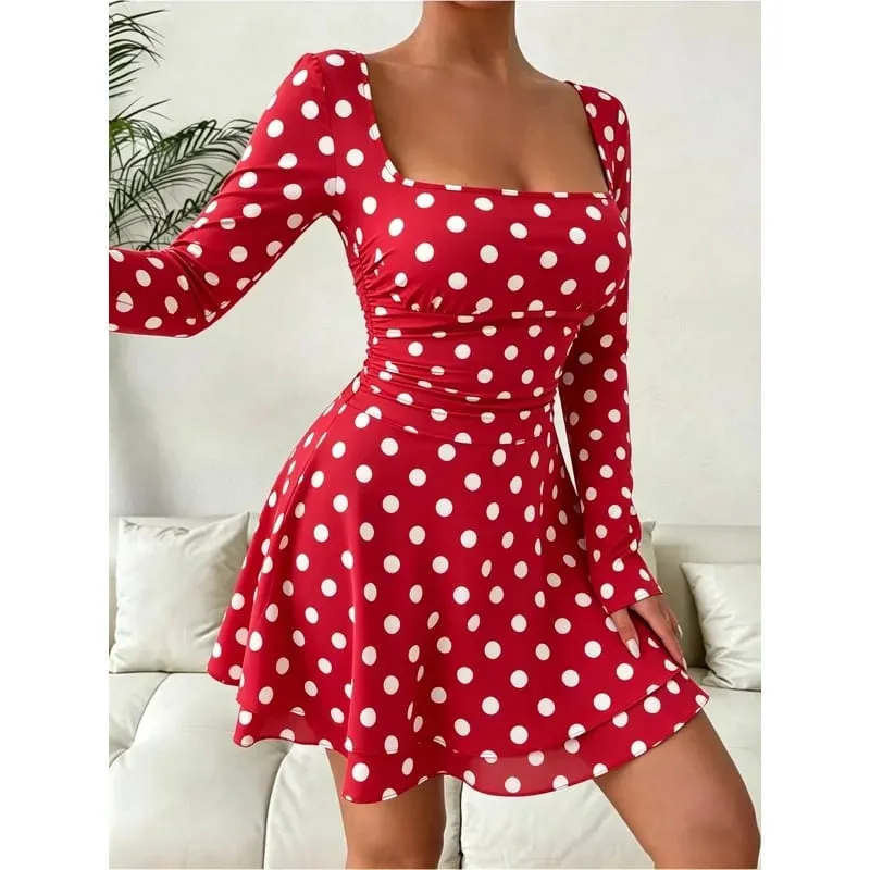 Women's Autumn Polka Dot Print Square Neck Long Sleeve Dress Waist Cinched A-Line Mini Skirt Sexy Fashionable Length — image 5