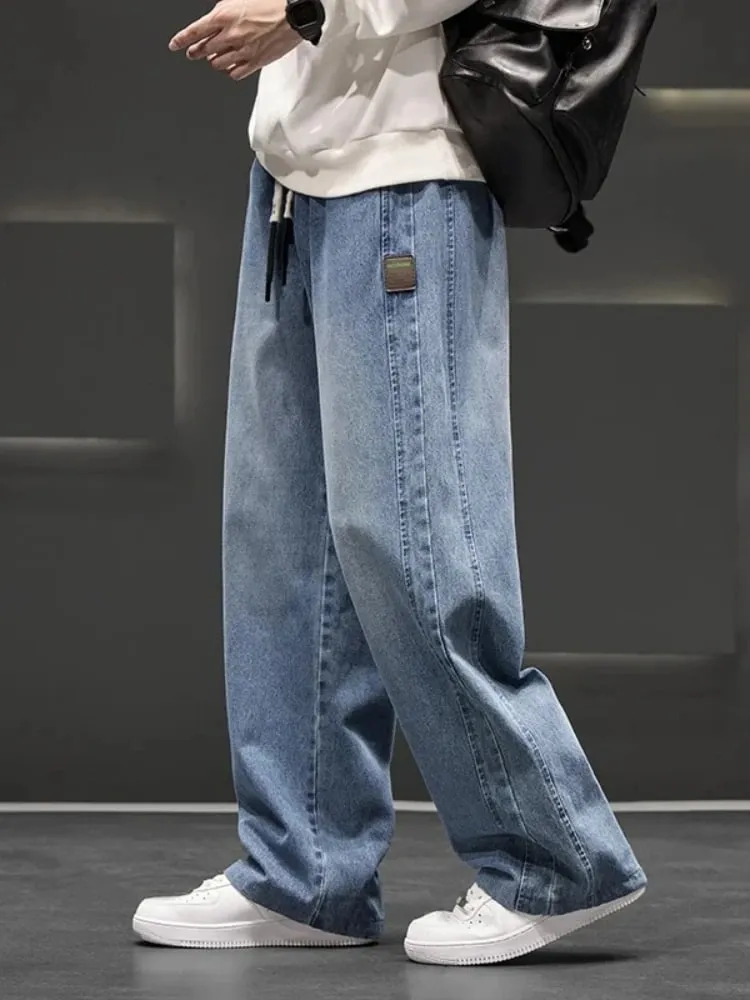 Spring New Wide Jeans Men Straight Vintage Drawstring Trousers Loose Pants Casual Solid Color Fashion Pants Big Size — image 1