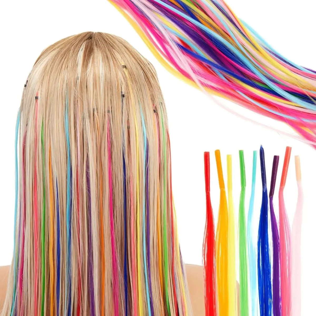 20" Rainbow Synthetic Hair Extensions Kit 10PCS Colored I-Tip Extensions with Micro Beads Hook Needle for Women Kids Cosplay — image 7