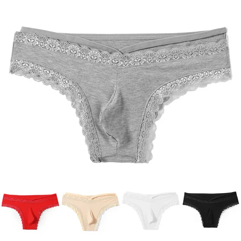 Herr Spetskant Sissy Gay Seamless Trosor Underkläder Medel midja Bulge Pouch Underkläder Solid Herrunderkläder med spetskant — image 8