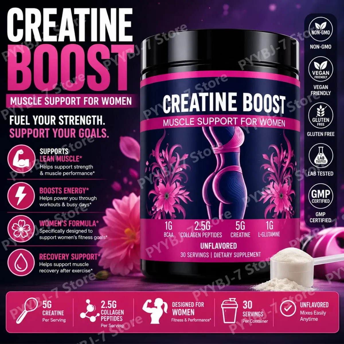 Creatine Powder for Women Booty Builder with Collagen Peptides BCAA L-Glutamine Unflavored Post-Workout Recovery Elasticity — image 2
