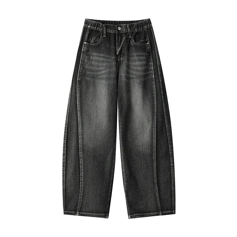 Plus Size Men's Curved Denim Jeans Retro High Street Washed Splice Loose Floor-Length Baggy Streetwear Trousers — image 5
