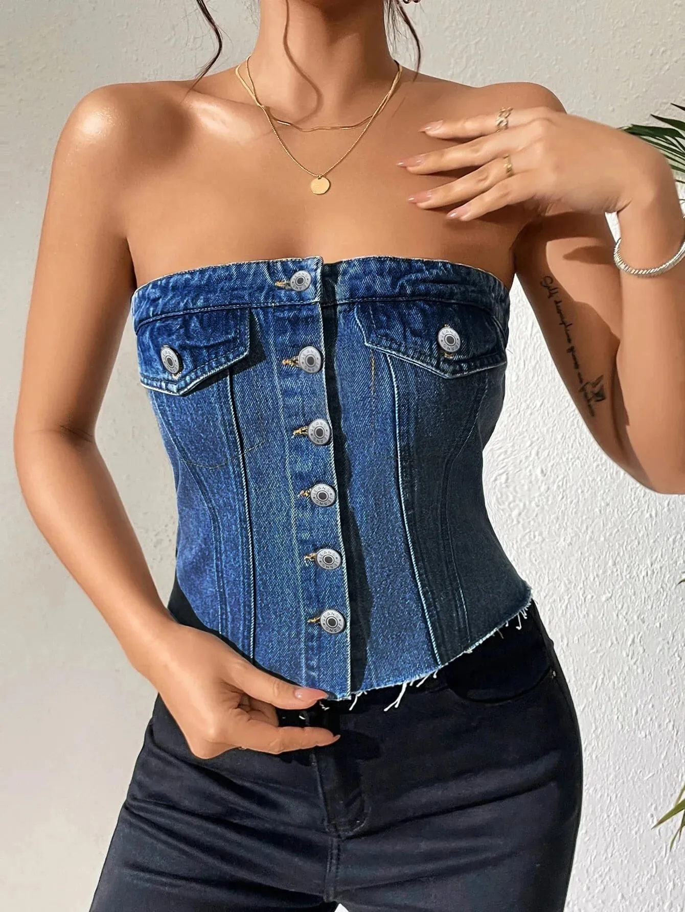 Denim Strapless Top Women Sleeveless Crop Tops Sexy Backless Single Breasted Washed Distressed Streetwear Y2k Camis Tanks Summer — image 10