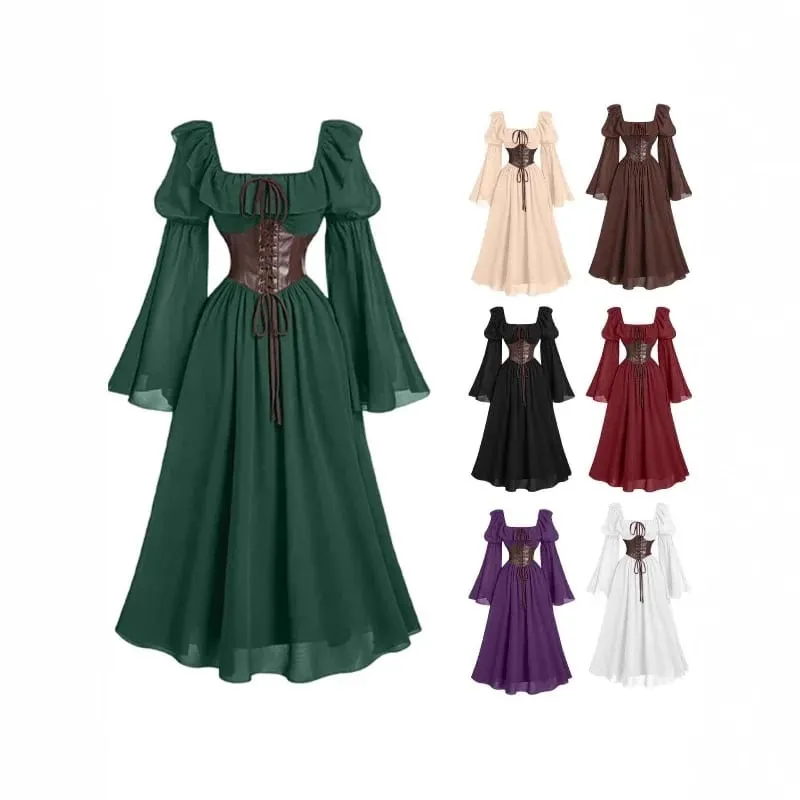 Medieval European and American Halloween New Women's Palace Vintage Dress Horn Sleeve Waist Square Neck Bat Sleeve Long Dress — image 2