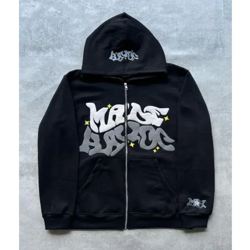 Men's Retro American Letter Zipper Printed Hooded Sweatshirt Unisex Autumn and Winter Open Cardigan — image 1