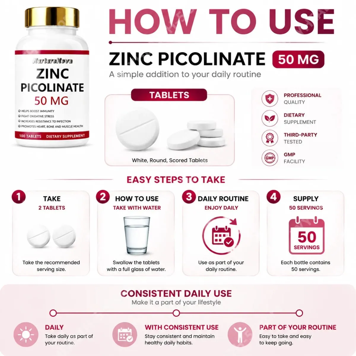 Zinc Picolinate Tablets for Antioxidant Support Bone and Muscle Wellness Daily Mineral Supplement for Adults 100 Tablets — image 6