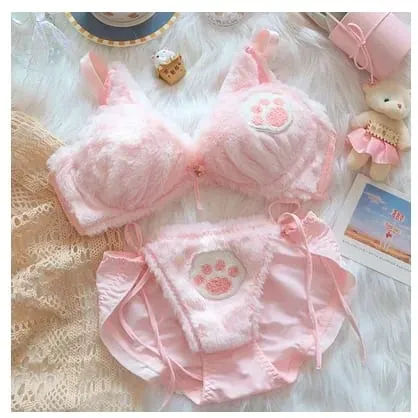 Cute Cat Paw Plush Lingerie Set for Women Warm Winter Bra & Panty with Ears Comfortable Kawaii Underwear — image 11