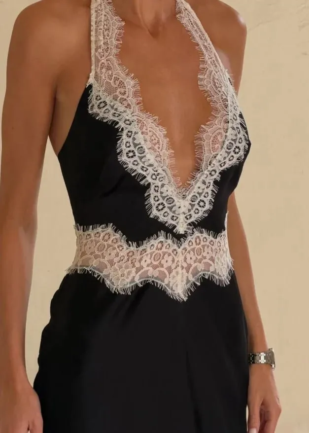 Black Lace Patchwork Halter Neck Maxi Dresses V-neck Sleeveless Backless High Waist Long Dress 2026 Elegant Party Club Outfits — image 6