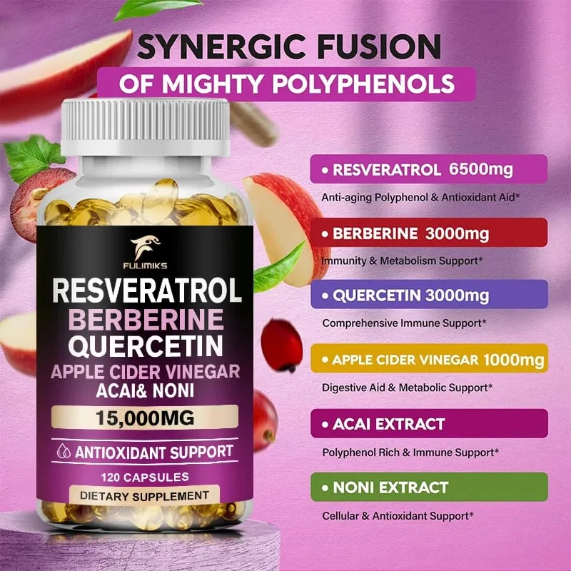 Buy 2 Get 2 Free! Resveratrol Berberine Quercetin Capsules Triple-Action Formula for Blood Sugar Heart Health & Anti-Aging