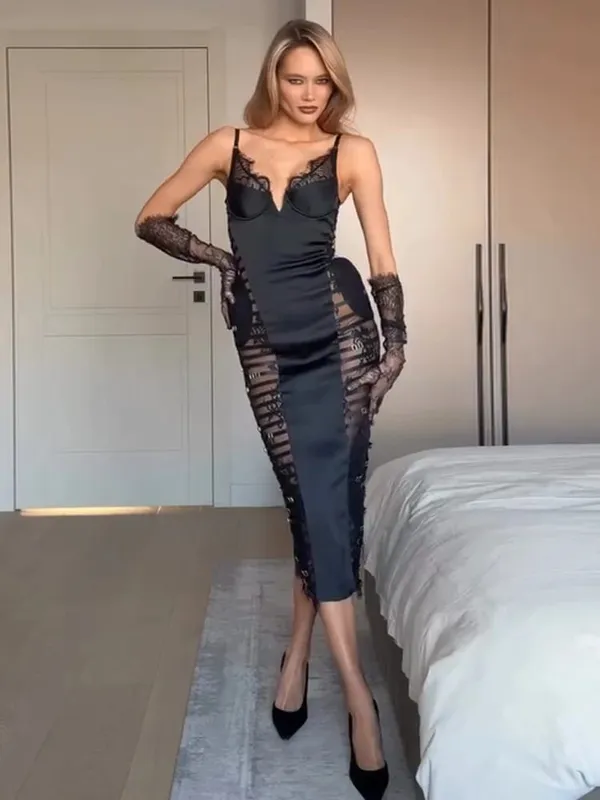 Sexy cetim renda retalhos vestido feminino chique sem mangas ver através de vestidos curtos estilingue 2026 senhora moda festa clube roupas novo — image 9