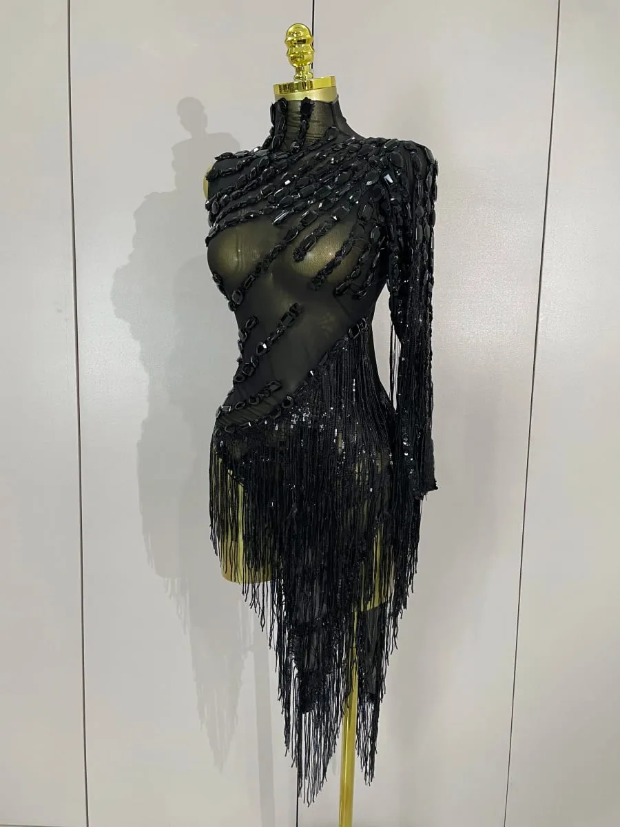 Novo brilhante strass borla sexy transparente vestido feminino um ombro roupas de dança latina bares boate festa palco traje — image 2