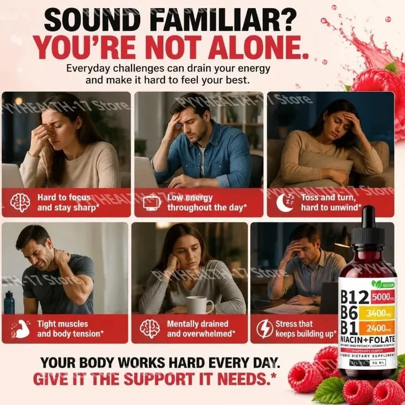 B12 B6 B1 Niacin Folate Liquid Sublingual Vegan B-Complex Drops for Daily Energy and Focus Support Raspberry for Men Women 60 ML — image 4