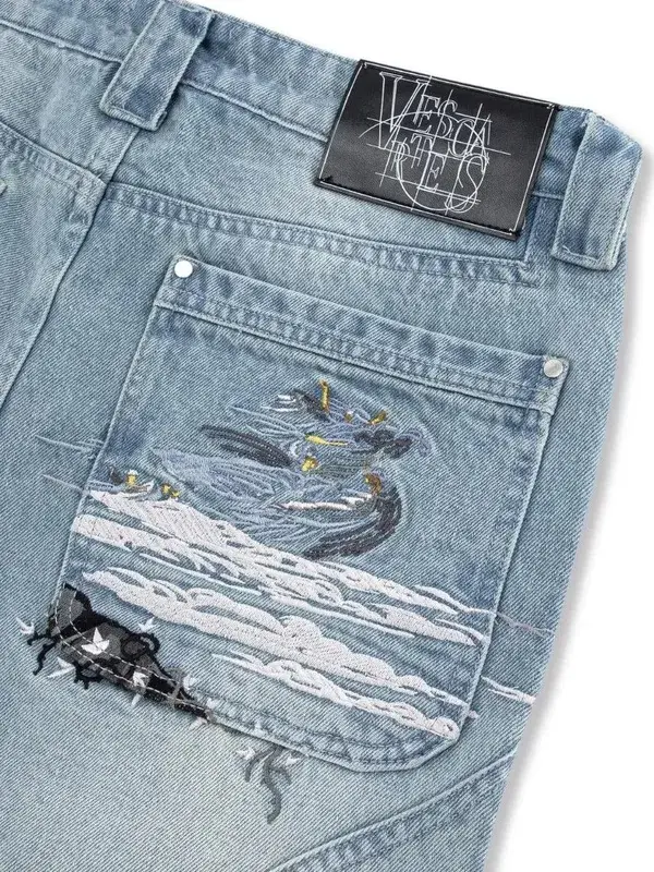 Y2K Black Baggy Cargo Jeans Men Horse Back Pocket Embroidery Cursive Wild Ride Distressed Cut Out Wide Leg Casual Denim Trouser