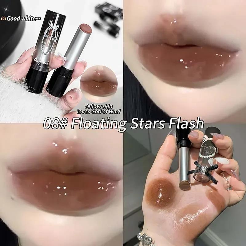 Kaca Cermin Kristal Merah Jambu Pepejal Lip Gloss Tiub Bulat Gincu Air Ringan Jeli Jelas Sapuan Bibir Coklat Bogel Pelembap Bibir — image 11