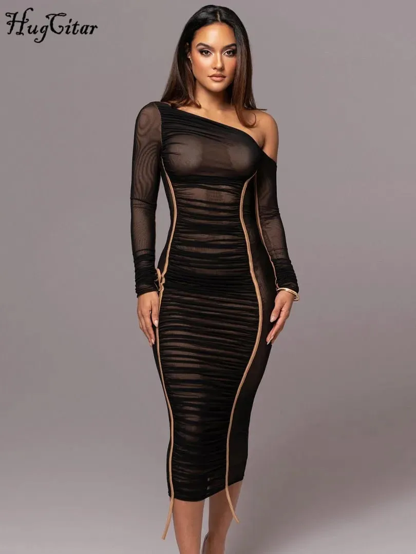 Hugcitar malha sólida gola diagonal manga longa drapeado sexy ver através bodycon maxi vestido verão moda roupas festival clube — image 6