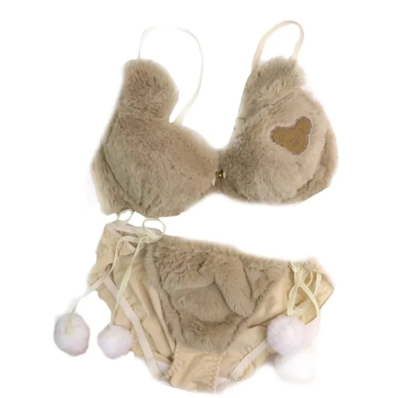 Conjunto de calcinha e sutiã de pelúcia peludo feminino, estampa de panda de desenhos animados, lingerie de inverno, menina escolar, anime japonês, roupa íntima cosplay — image 11