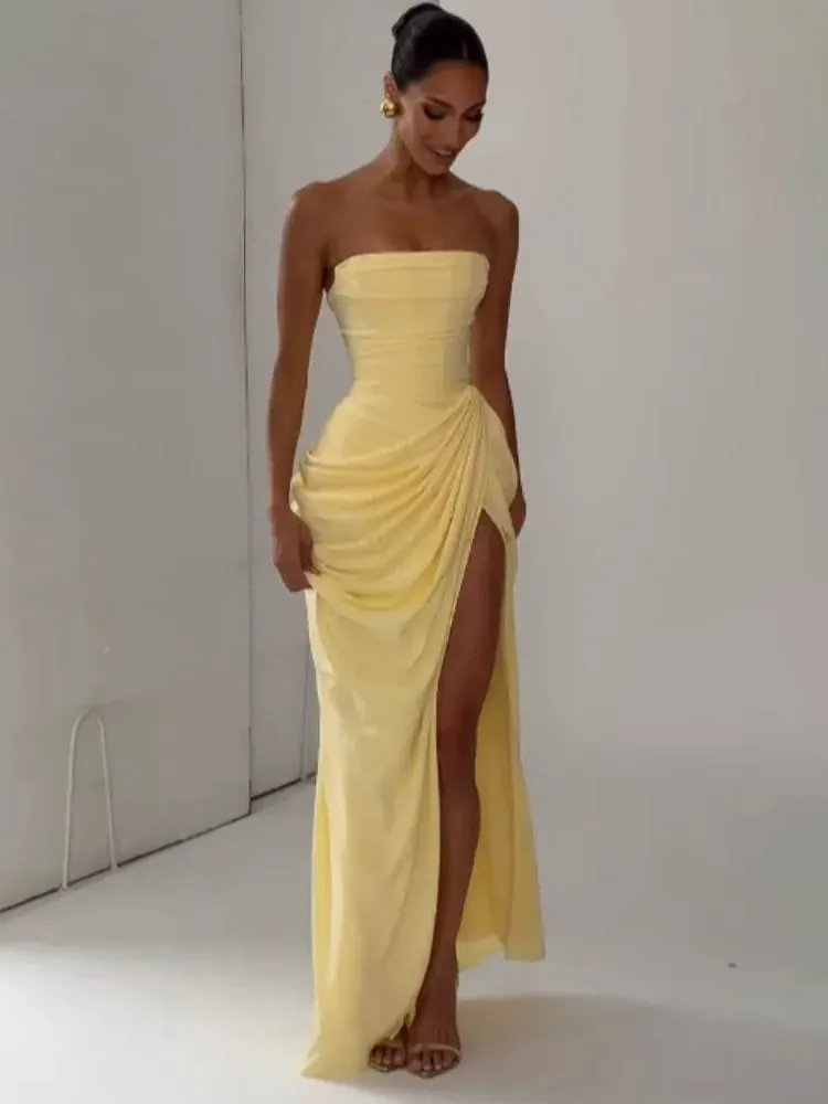 Elegant Yellow Strapless Pleated Dress Women Chic Sleeveless Waist Cinching Split Maxi Gowns 2026 Lady Evening Party Dresses — image 3