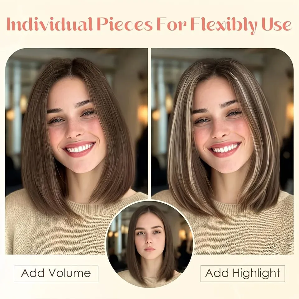 Straight Clip In Hair Extensions Synthetic 6Pcs Highlight Clip On Hair Pieces Thin For Women Short Bob Hairstyle Daily — image 4