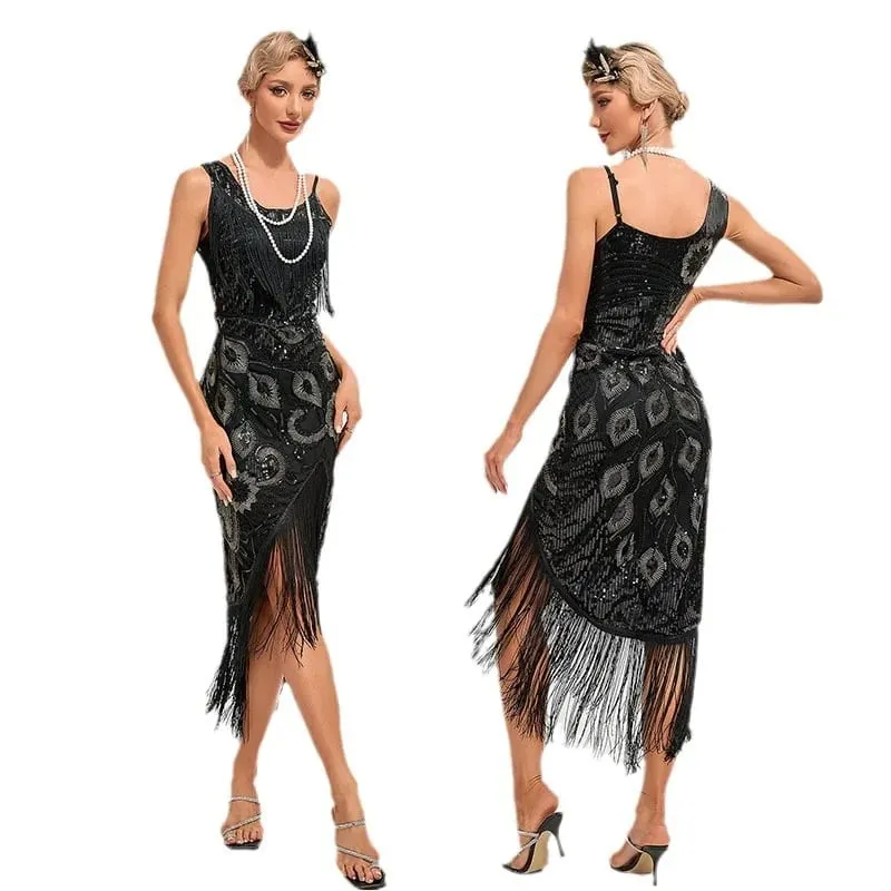 Vestido de lantejoulas 1920s retro borla pavão padrão vestido grande gatsby cocktail festa charleston vestido de dança bola longo vestido de noite — image 5