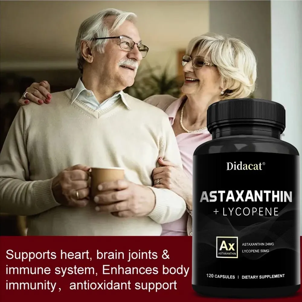Astaxanthin 24 mg + Lycopin 50 mg Natürliches Antioxidans aus Mikroalgen. Astaxanthin-Ergänzung unterstützt die Gesundheit der Augenhaut, ohne GVO