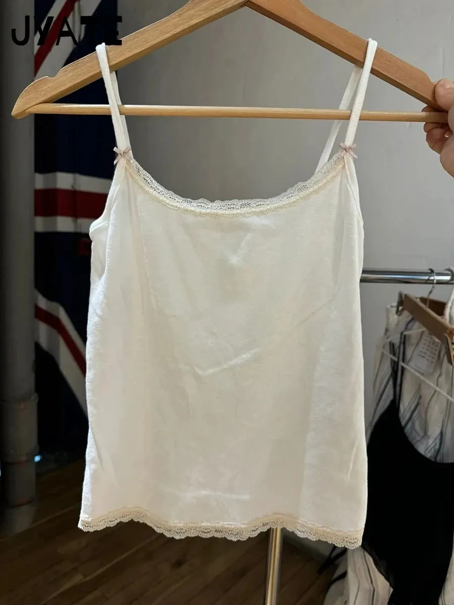 Sweet Lace Patchwork Slim Tank Tops Dam Sommar Vit Sexig Enkel Bomull Mjuka ärmlösa västar Kvinna Vintage Chic Y2K Camisole — image 15
