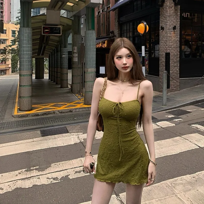 Green Textured Slip Dress for Women Retro Vacation Style Ruched High Waist Slim Fit A-line Mini Dress Pure Desire 2026 — image 3