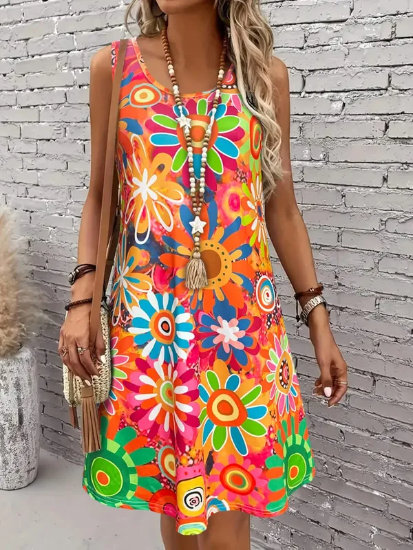 Vestido feminino vibrante com estampa floral sem mangas vestido estilo férias primavera/verão