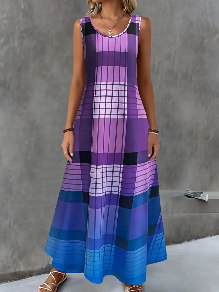Women's Summer Dress Simple Grid Pattern Design Fashion Round Neck Woman Clothes Casual Cool Sexy Sleeveless Dresses for Woman — image 6