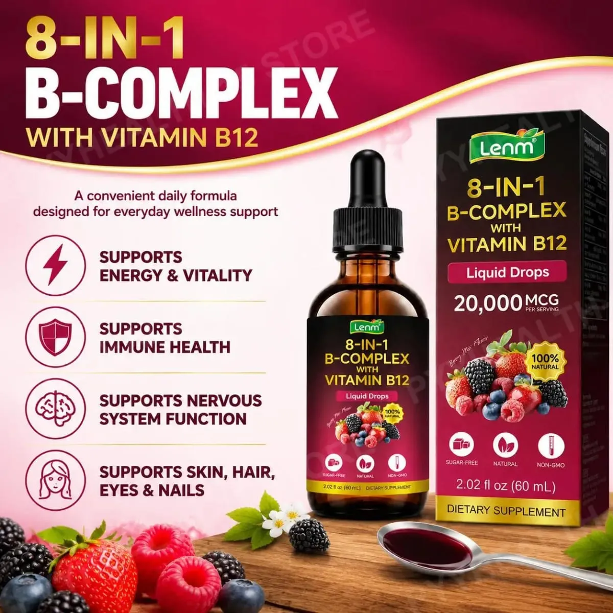 Lenm Vitamin B12 B-Complex Liquid Drops 8-in-1 Supports Nervous System Immune Health and Daily Energy 60 ML Sugar-Free Non-GMO — image 4