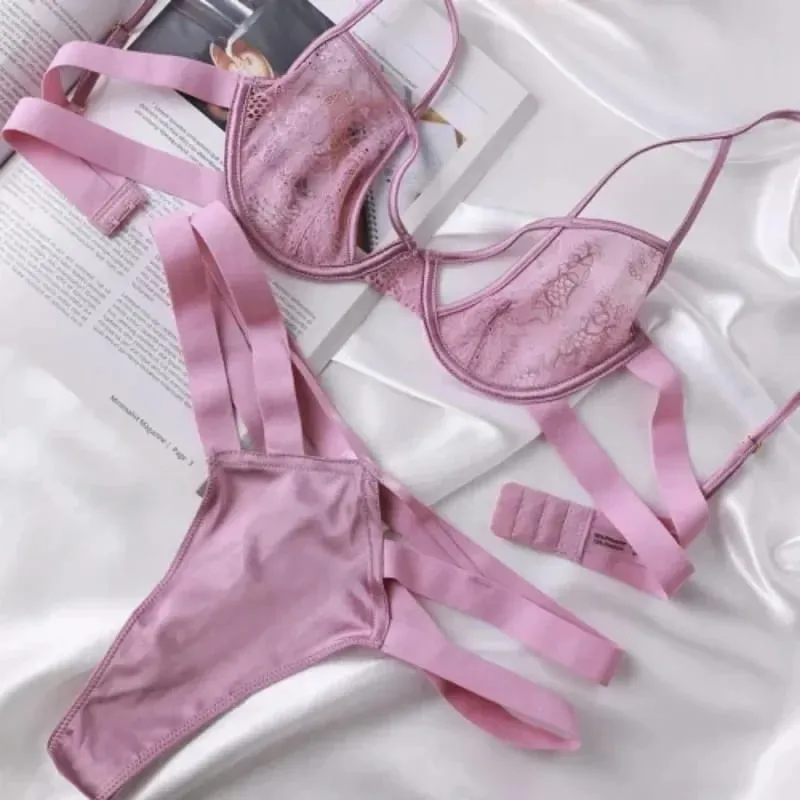 Sutiã e calcinha de renda ultra fina, lingerie sexy, conjunto de roupa íntima, perspectiva, tentação, sexy, transparente, conjunto de sutiã francês, rosa 2025 — image 3