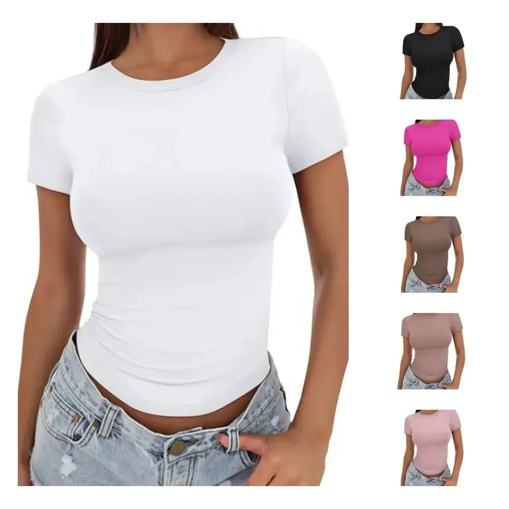 Trendy Stretchy Fitted T Shirt Breathable Soft Crop Top Solid Color Lightweight Short Sleeve Tee Streetwear Style — image 2