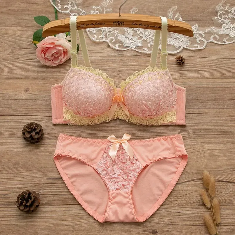 Women 2Pcs Intimates Set Sweet Peach Contrast Lace Floral Bow Underwire Bra Soft Cotton Mid Waist Panties Daily Comfort Lingerie