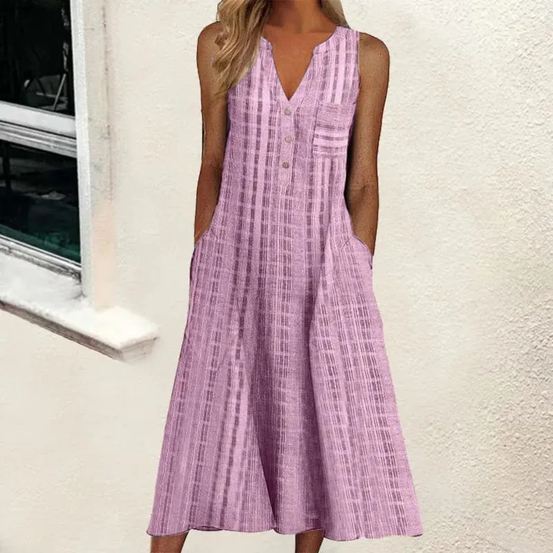 Summer New Women's Dresses V-Neck Sleeveless Button Loose Striped Print With Pocket Casual Beach Dresses — image 6