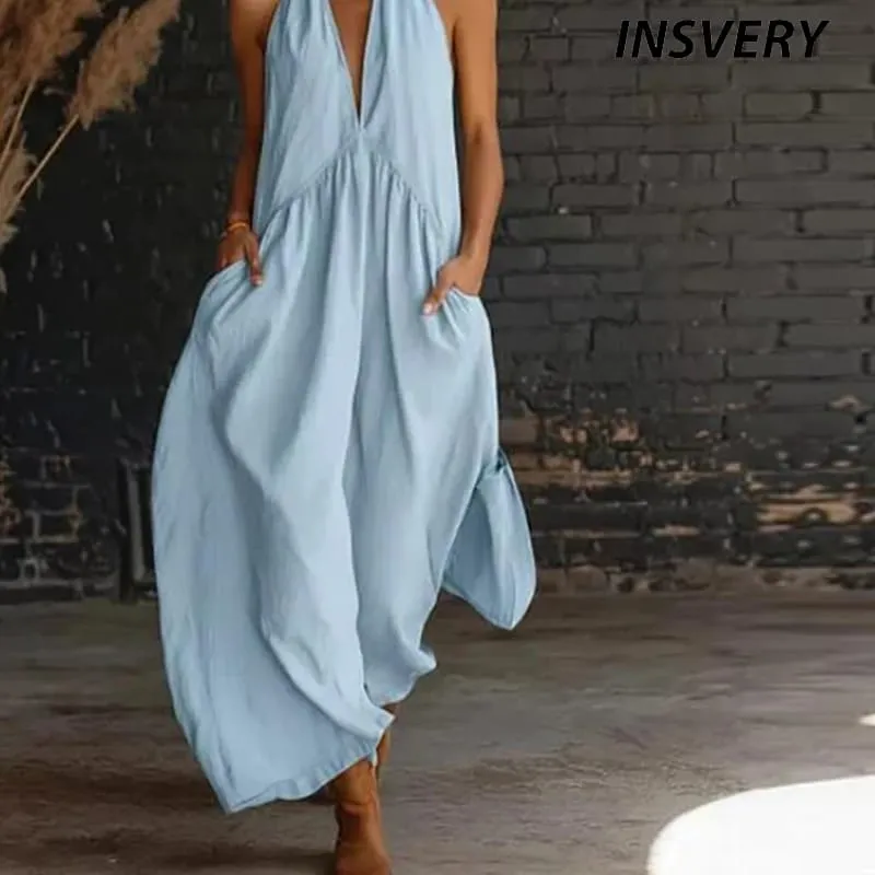 Summer Women Elegant Dress V Neck Sleeveless Pocket Loose Street Style Long Dresses For Women Casual Beach Holiday Maxi Dress — image 1