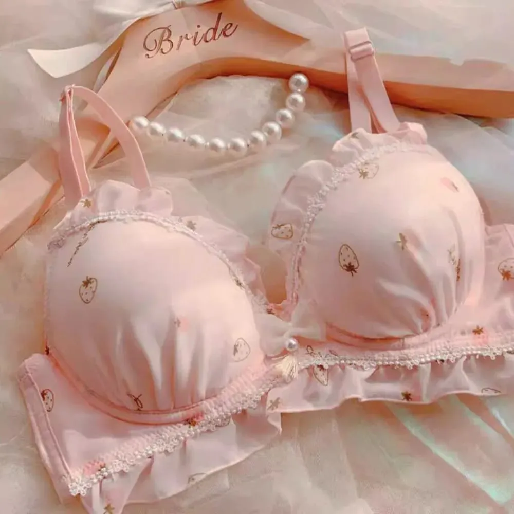 Cute Strawberry Print Wireless Thin Cup Push Up Bra Panty Set Kawaii Japanese Comfort Underwear For Small Chest Daily Wear S-XL — image 5