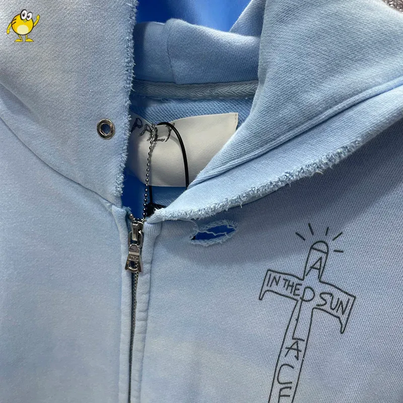 Washed Blue PALY Hoodies Men Woman Vintage Damaged Hole Old Casual High Quality Hip Hop Fashion Zipper Sweatshirts — image 5