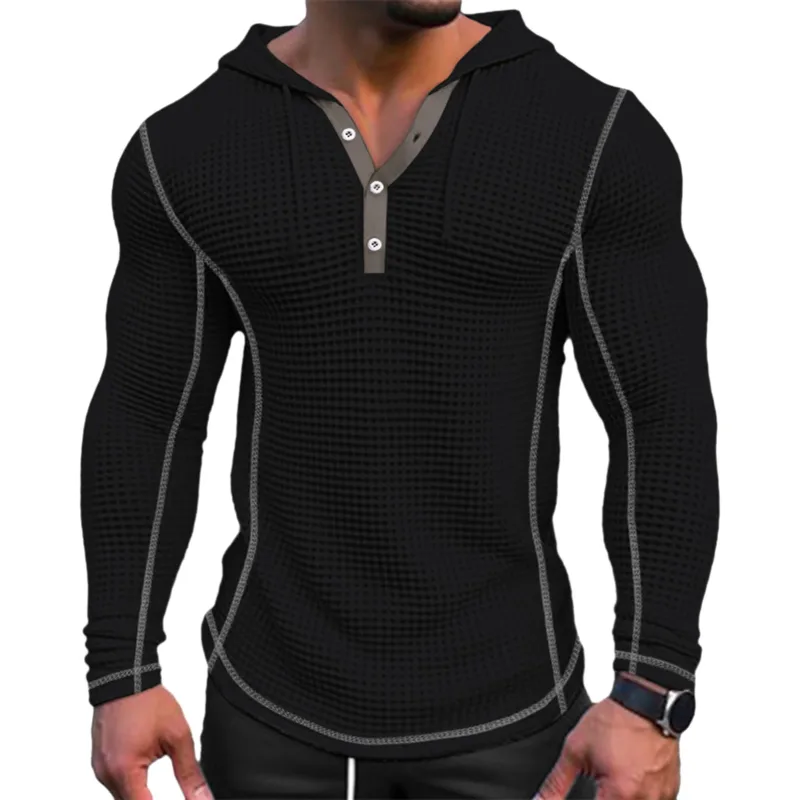 Våren Enfärgad Slim Fit Långärmad T-shirt Herr Huva Andas Sport Topp Våffel Bomull Casual Långärmad Skjorta — image 1