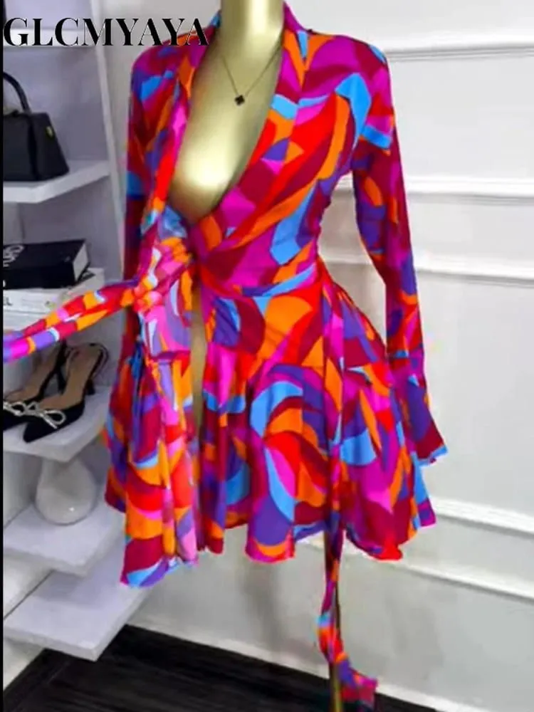 Feminino tie dye print alargamento manga longa envoltório com decote em v com faixas plissado vestido 2026 elegante férias festa de aniversário vestidos — image 2