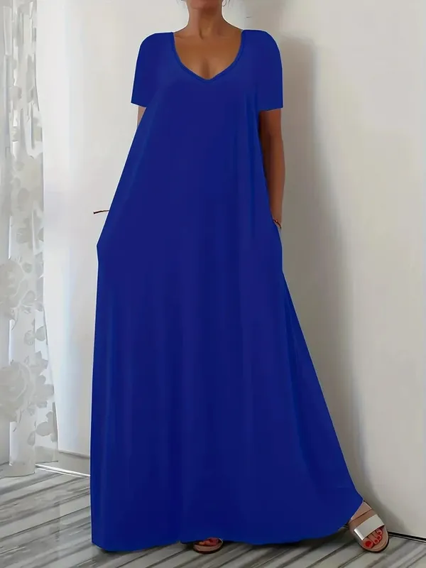 Plus size verão nova saia longa casual solto manga curta cor sólida com decote em v vestido plus size para mulher — image 4