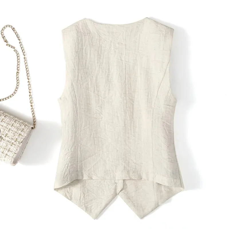 Summer solid color linen vest thin women's vest slim fit short sleeveless suit V-neck shoulder vest — image 2