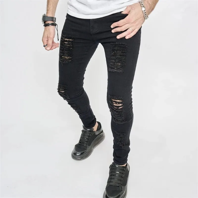 Black Skinny Stretch Ripped Jeans Men's Slim Distressed Kpop Y2K Hip Hop Rock Pants Street Style Ripped Stretch Denim Trousers — image 3