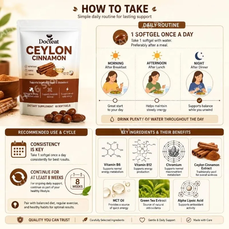 Ang Ceylon Cinnamon Softgels na may Vitamin B6 MCT Oil ay Sinusuportahan ang Balanseng Glucose at Cholesterol Metabolic Balance Energy 60 Softgels — image 4