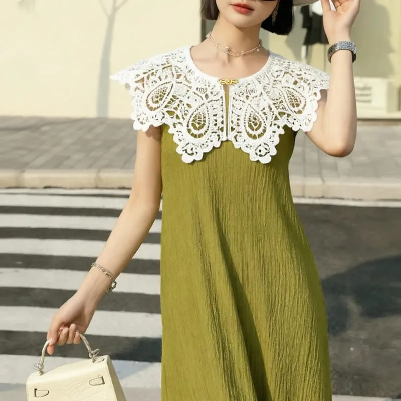 Pleated Sleeveless Elastic Long Dresses Women Vintage Palace Style Womens Black White Doll Fake Collar Soft Midi Dress Clothing — image 14